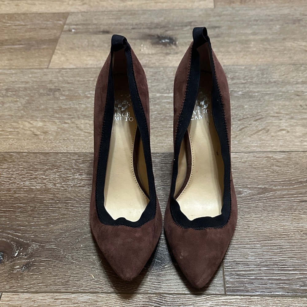 Vince Camuto Brown Suede Heels with Black Trim
